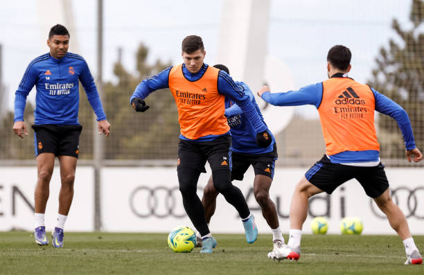 Lika Jovic from Real Madrid is training with team mates at Valdebebas training ground on March 18, 2022 in Madrid, Spain.