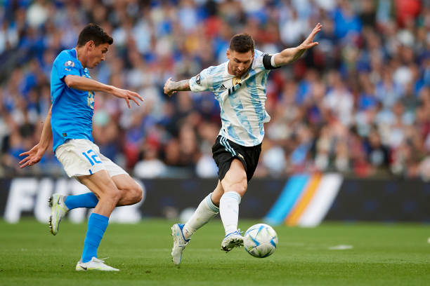 Lionel Messi of Argentina in action during the Finalissima 2022 match between Argentina and Italy at Wembley Stadium on June 1, 2022 in London,...