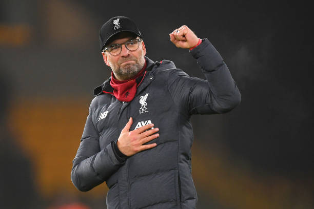 Liverpool manager Jurgen Klopp celebrates after the Premier League match between Wolverhampton Wanderers and Liverpool FC at Molineux on January 23...