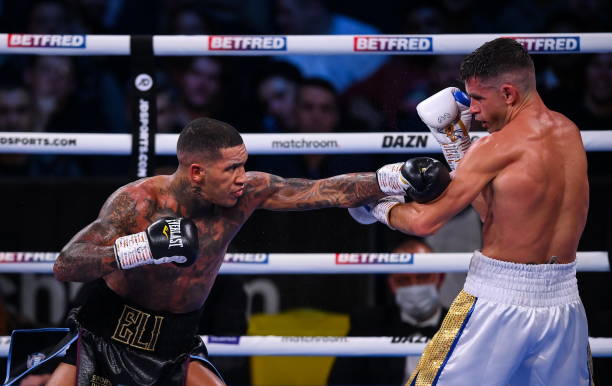 Liverpool , United Kingdom - 11 December 2021; Conor Benn, left, and Chris Algieri during their WBA Continental Welterweight Title bout at M&S Bank...