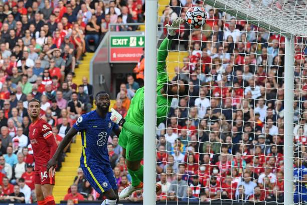 Liverpool's Brazilian goalkeeper Alisson Becker cannot reach the ball as a header from Chelsea's German midfielder Kai Havertz opens the scoring in...