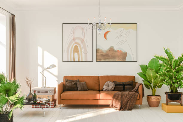 living room in boho style - flat  - fotografias e filmes do acervo
