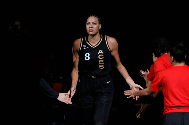 Liz Cambage of the Las Vegas Aces is introduced before Game Five of the 2021 WNBA Playoffs semifinals against the Phoenix Mercury at Michelob ULTRA...
