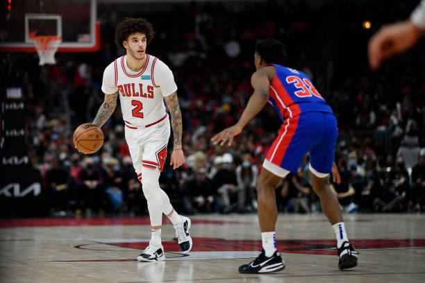 Lonzo Ball of the Chicago Bulls during the game against the Detroit Pistons at United Center on January 11, 2022 in Chicago, Illinois. NOTE TO USER:...