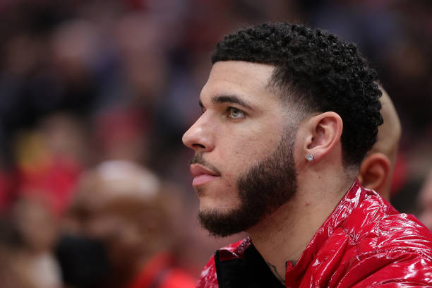 Lonzo Ball of the Chicago Bulls watches action during the second quarter of Game Three of the Eastern Conference First Round Playoffs against the...