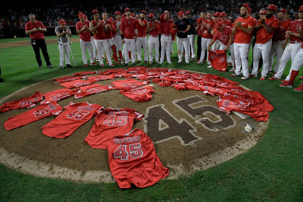Los Angeles Angels of Anaheim players lay their jerseys on the pitchers mound after they won a combined no-hitter against the Seattle Mariners at...
