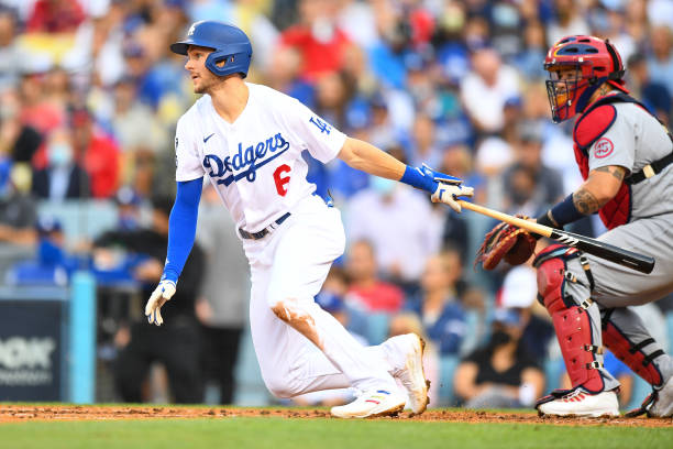 Los Angeles Dodgers second baseman Trea Turner swings at a pitch during the MLB National League Wild Card game between the St. Louis Cardinals and...