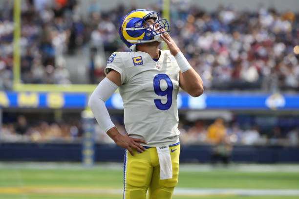 Los Angeles Rams quarterback Matthew Stafford looks at the jumbotron during an NFL game between the Atlanta Falcons and the Los Angeles Rams on...