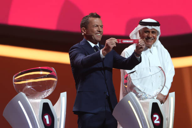 Lothar Matthaus draws the card of Germany in Group E during the FIFA World Cup Qatar 2022 Final Draw at the Doha Exhibition Center on April 01, 2022...