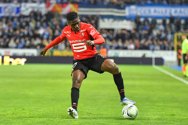 Loum TCHAOUNA of Rennes during the Ligue 1 Uber Eats match between Strasbourg and Rennes at Stade de la Meinau on April 20, 2022 in Strasbourg,...