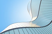 Low angle view of futuristic modern architecture, Skyscraper of corporate office building, Curve shape, 3D rendering.