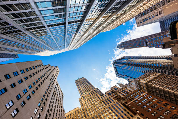 Low angle view of skyscrapers in Downtown Manhattan, New York, USA