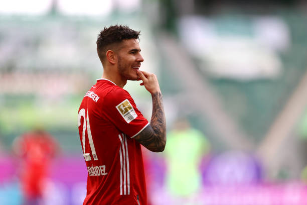 Lucas Hernandez of FC Bayern Muenchen reacts during the Bundesliga match between VfL Wolfsburg and FC Bayern Muenchen at Volkswagen Arena on April...