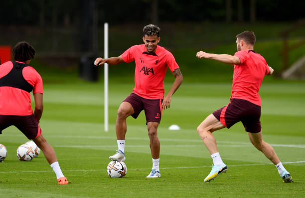 Luis Diaz of Liverpool during a training session at AXA Training Centre on August 04, 2022 in Kirkby, England.