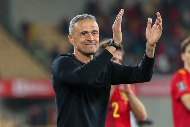 Luis Enrique, coach of Spain celebrate winning during the FIFA World Cup Qatar 2022 qualification football match between Spain and Sweden at the...