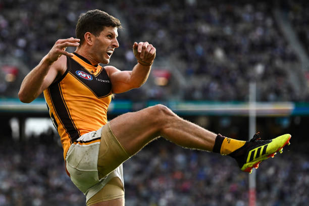 Luke Breust of the Hawks kicks on goal during the 2022 AFL Round 13 match between the Fremantle Dockers and the Hawthorn Hawks at Optus Stadium on...
