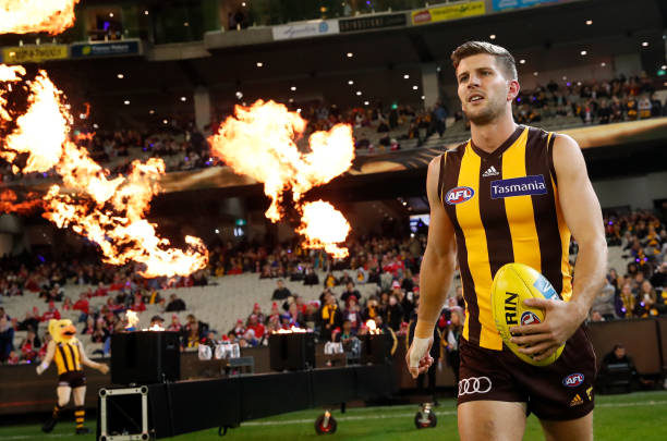 Luke Breust of the Hawks walks onto the field during the 2018 AFL round eight match between the Hawthorn Hawks and the Sydney Swans at the Melbourne...