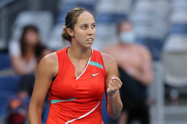 Madison Keys of the US reacts as she plays against Sofia Kenin of the US during their women's singles match on day one of the Australian Open tennis...