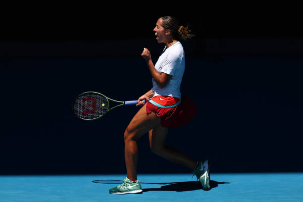 Madison Keys of United States celebrates match point in her fourth round singles match against Paula Badosa of Spain during day seven of the 2022...