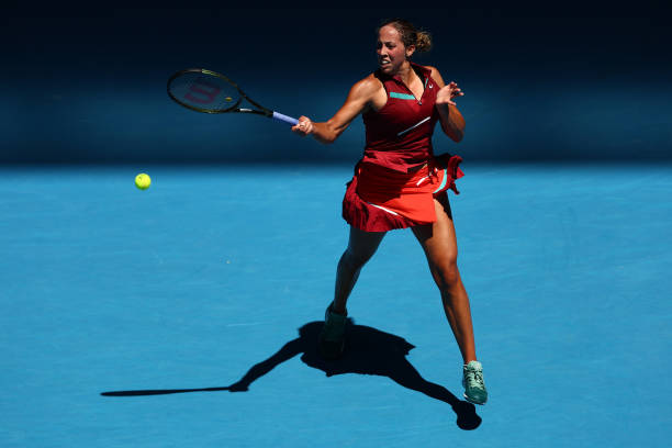 Madison Keys of United States plays a forehand in her second round singles match against Jaqueline Cristian of Romania during day three of the 2022...