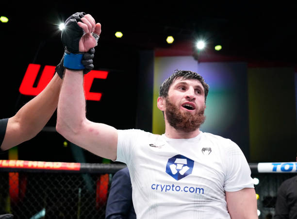 Magomed Ankalaev of Russia reacts after his victory over Thiago Santos of Brazil in their light heavyweight fight during the UFC Fight Night event at...