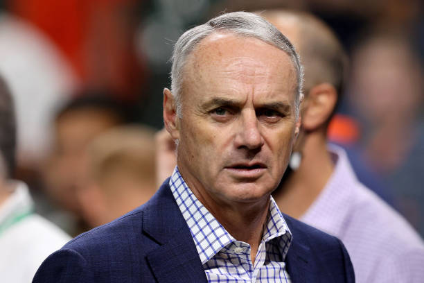 Major League Baseball Commissioner Rob Manfred looks on prior to Game One of the World Series between the Atlanta Braves and the Houston Astros at...