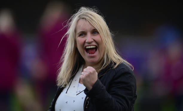 Manager of Chelsea Emma Hayes celebrates after her sides win during the FA Women's Cup Semi-final match between Chelsea and Manchester City at The...