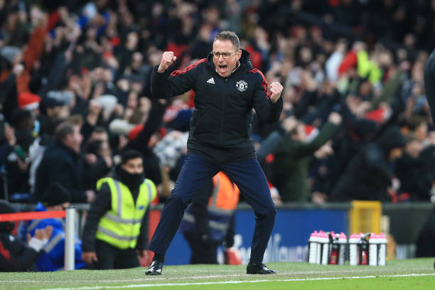 Manchester United interim manager Ralf Rangnick celebrates their 1st goal during the Premier League match between Manchester United and Crystal...