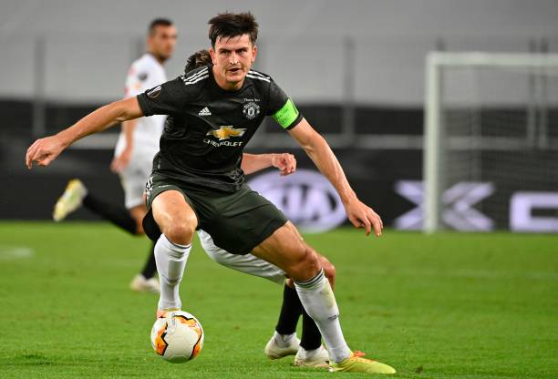 Manchester United's English defender Harry Maguire controls the ball during the UEFA Europa League semifinal football match Sevilla v Manchester...