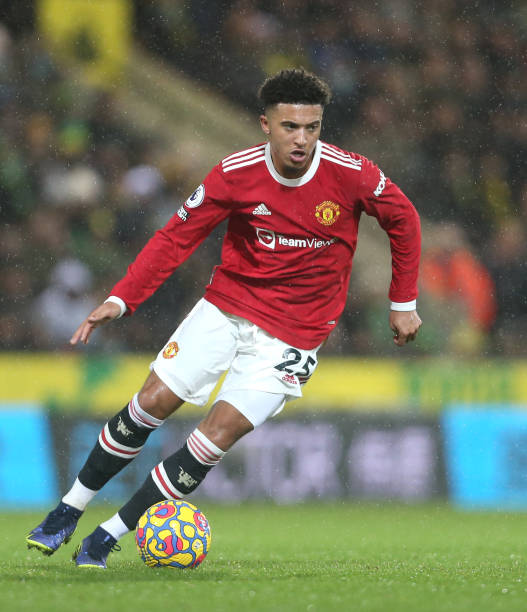 Manchester United's Jadon Sancho during the Premier League match between Norwich City and Manchester United at Carrow Road on December 11, 2021 in...