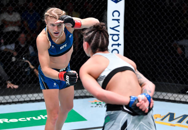 Manon Fiorot of France battles Mayra Bueno Silva of Brazil in a flyweight fight during the UFC Fight Night event at UFC APEX on October 16, 2021 in...