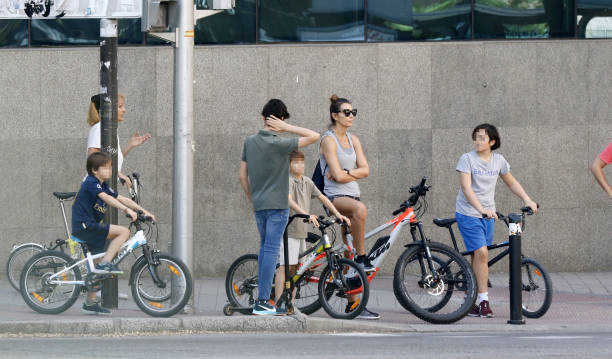 Mar Flores is seen with her sons on May 03 2020 in Madrid Spain