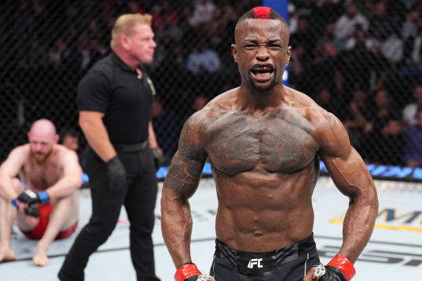 Marc Diakiese of The Democratic Republic of Congo reacts after his lightweight fight against Viacheslav Borshchev of Russia during the UFC Fight...