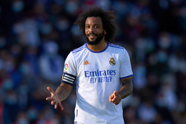 Marcelo of Real Madrid reacts during the LaLiga Santander match between Getafe CF and Real Madrid CF at Coliseum Alfonso Perez on January 02, 2022 in...