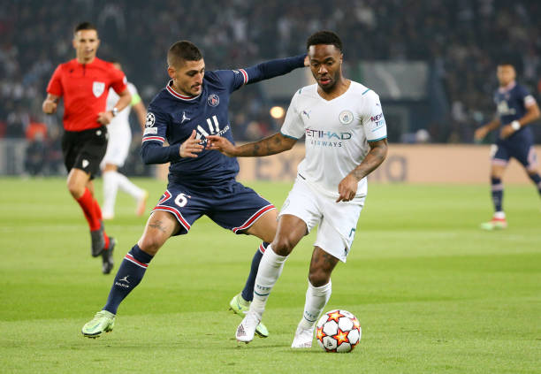 Marco Verratti of PSG, Raheem Sterling of Manchester City during the UEFA Champions League group A match between Paris Saint-Germain and Manchester...