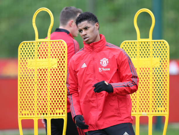Marcus Rashford of Manchester United in action during a first team training session at Carrington Training Ground on May 04, 2022 in Manchester,...