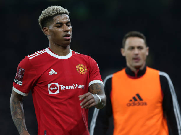 Marcus Rashford of Manchester United in action during the Emirates FA Cup Third Round match between Manchester United and Aston Villa at Old Trafford...