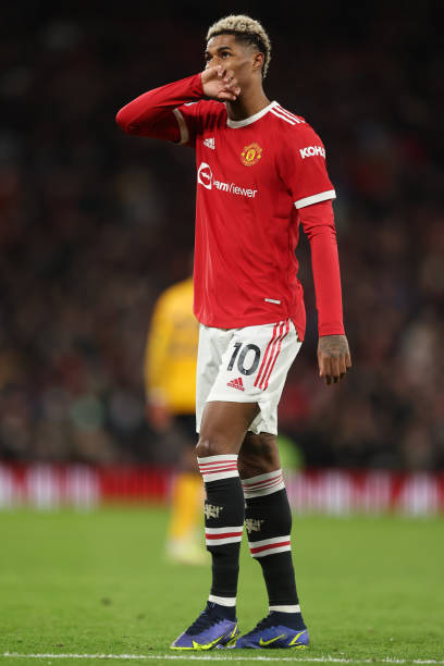 Marcus Rashford of Manchester United reacts during the Premier League match between Manchester United and Wolverhampton Wanderers at Old Trafford on...