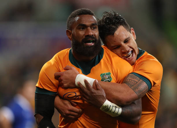 MELBOURNE, AUSTRALIA - JULY 13: Marika Koroibete of the Wallabies celebrates a try which was later disallowed during the International Test match between the Australian Wallabies and France at AAMI Park on July 13, 2021 in Melbourne, Australia. (Photo by Graham Denholm/Getty Images)