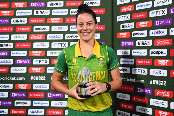 South Africa vs England - Marizanne Kapp of South Africa poses with the Player of the Match award after the 2022 ICC Women's Cricket World Cup match between South Africa and...