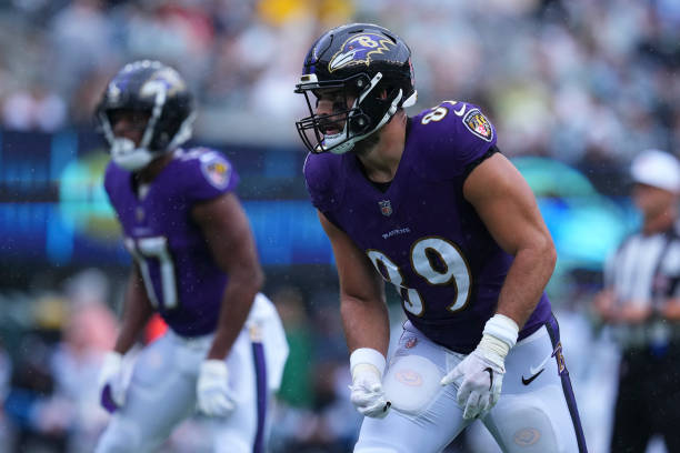 Mark Andrews of the Baltimore Ravens looks on against the New York Jets at MetLife Stadium on September 11, 2022 in East Rutherford, New Jersey.