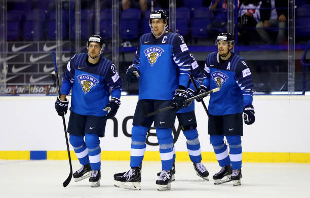 Marko Antilla of Finland celebrate with his team mates the 2nd goal during the 2019 IIHF Ice Hockey World Championship Slovakia group A game between...