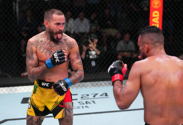 Marlon Vera of Ecuador battles Rob Font in a bantamweight fight during the UFC Fight Night event at UFC APEX on April 30, 2022 in Las Vegas, Nevada.