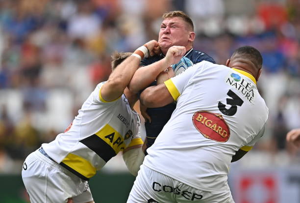 Marseille , France - 28 May 2022; Tadhg Furlong of Leinster is tackled by Wiaan Liebenberg, left, and Wiaan Liebenberg of La Rochelle during the Heineken Champions Cup Final match between Leinster and La Rochelle at Stade Velodrome in Marseille, France. (Photo By Ramsey Cardy/Sportsfile via Getty Images)