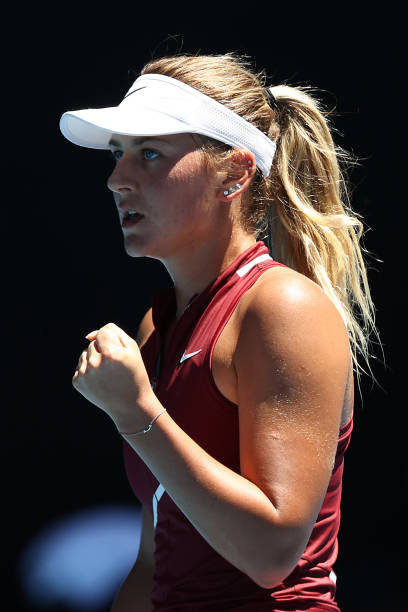 Marta Kostyuk of Ukraine celebrates after winning a point in her third round singles match against Paula Badosa of Spain during day five of the 2022...