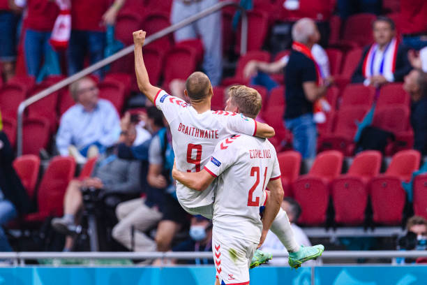 Martin Braithwaite celebrating his goal with his teammate Andreas Cornelius of Denmark during the UEFA Euro 2020 Championship Round of 16 match...