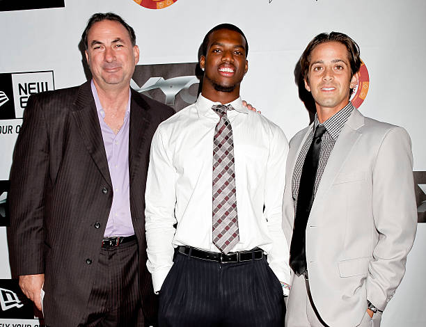 Marvin Epstein, Antonio Dennard and Mark Bloom attend The Playboy Mansion kick-off party for the ESPYs at the Playboy Mansion on July 9, 2012 in...