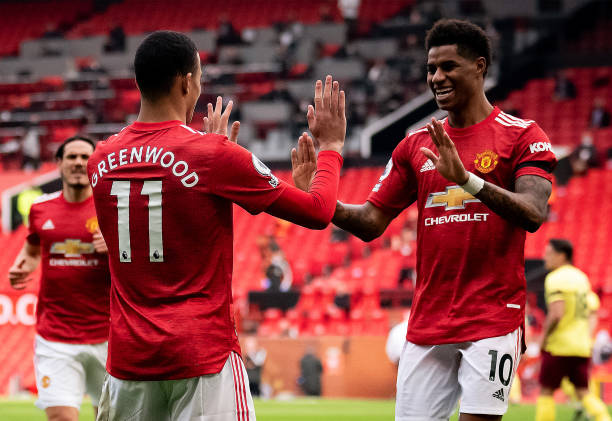 Mason Greenwood of Manchester United celebrates scoring a goal to make the score 1-0 with Marcus Rashford during the Premier League match between...