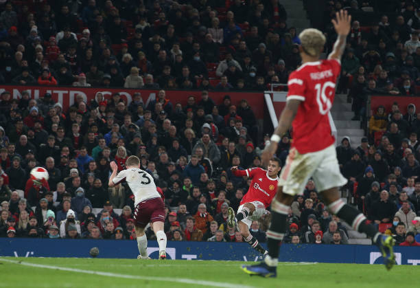 Mason Greenwood of Manchester United has a shot on goal during the Emirates FA Cup Third Round match between Manchester United and Aston Villa at Old...