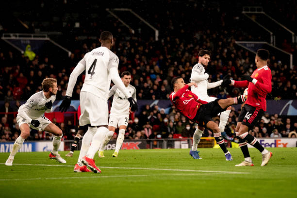 Mason Greenwood of Manchester United scores a goal to make the score 1-0 during the UEFA Champions League group F match between Manchester United and...